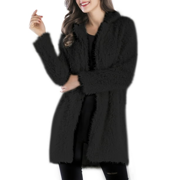 Womens Fuzzy Fleece Jacket Lapel Open Front Long Jackets Faux Fur Sherpa Cardigan Coat with Pocket